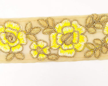 Yellow and Gold Floral Embroidery Trimming, Embroidered Roses Flowers Trim, Sheer Fabric Lace